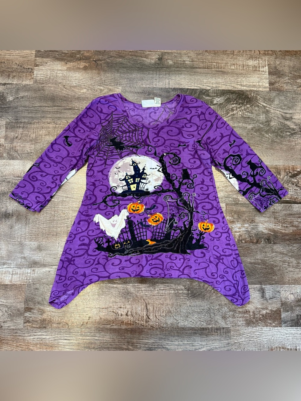 Collections Etc. Vintage Halloween 3/4 Sleeve Purple Blouse Sequins Ghost Medium